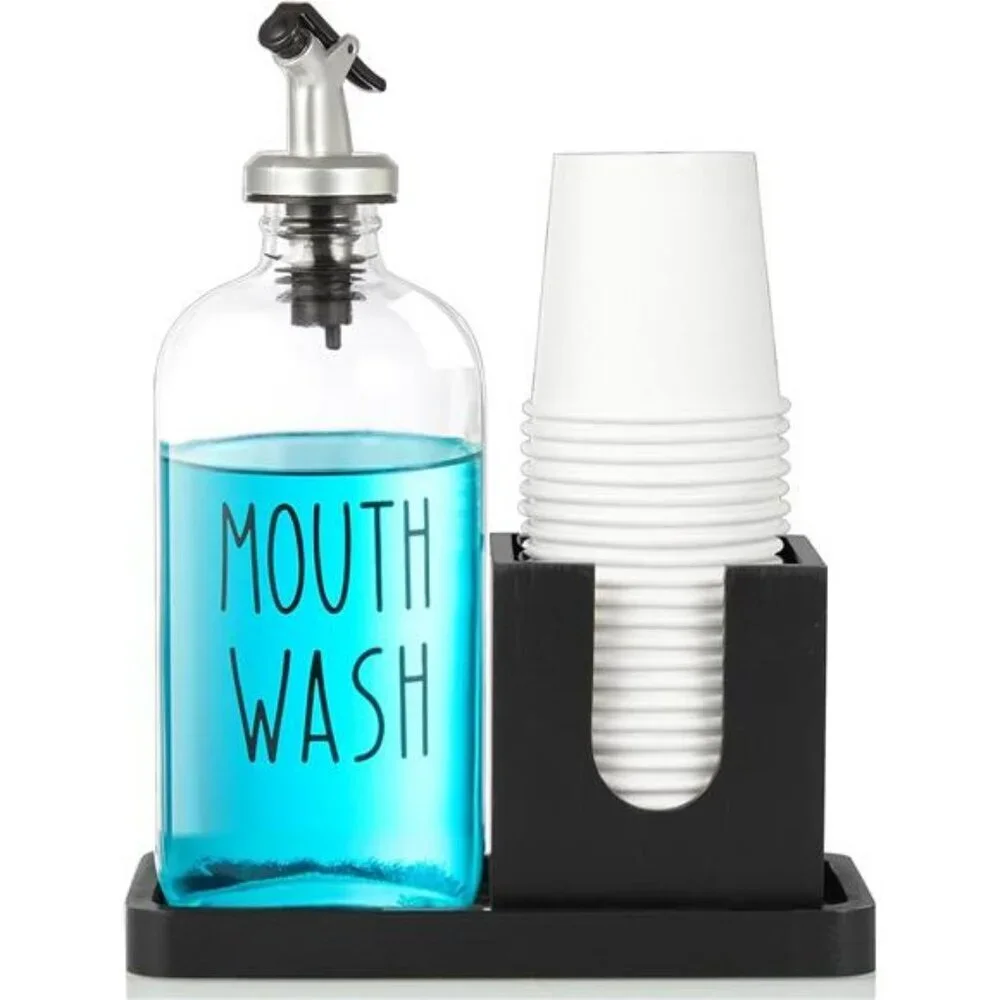 Glass Mouthwash Dispenser with Wood Tray Black Bathroom Countertop Organizer